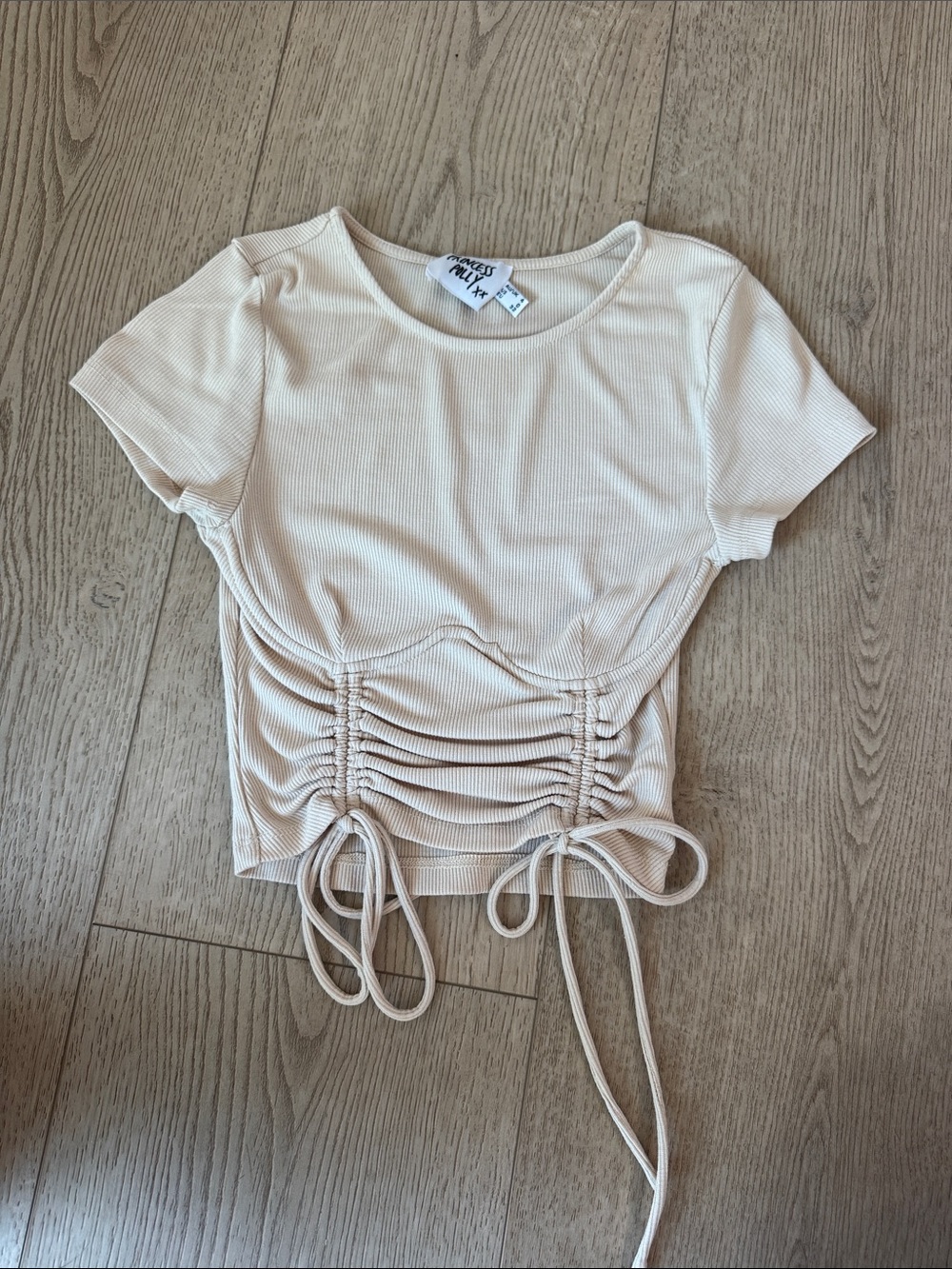 Princess Polly Cream Ribbed Crop Top with Scrunxh design